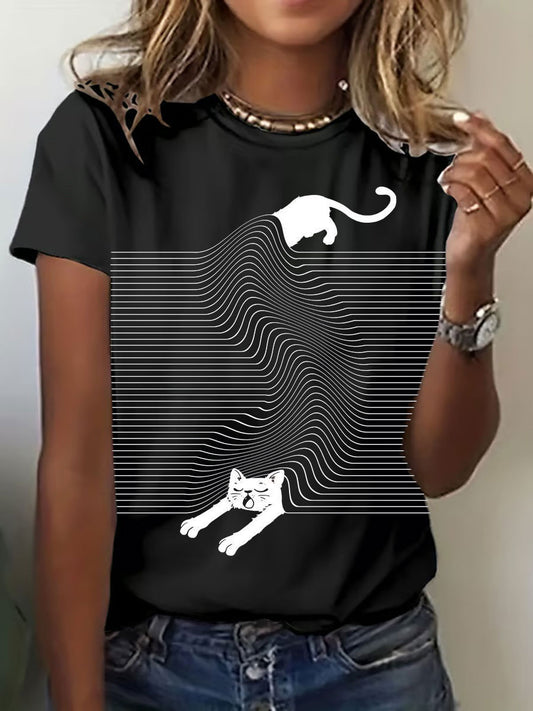 Women's Art Cat Stripe Print T-Shirt