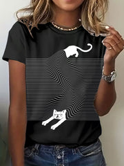 Women's Art Cat Stripe Print T-Shirt