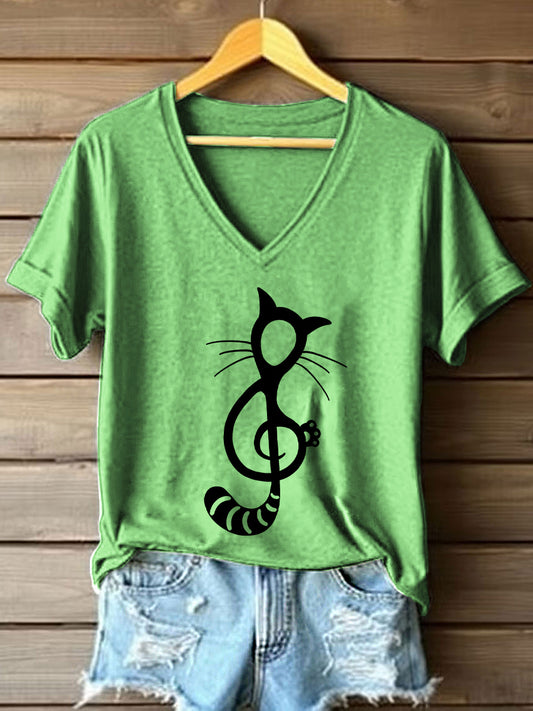 Women's Music Note Inspired Cat Print V-Neck T-Shirt