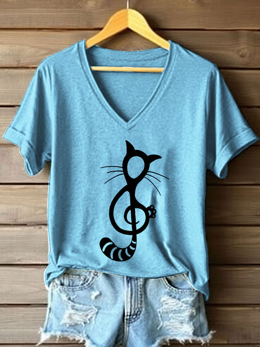 Women's Music Note Inspired Cat Print V-Neck T-Shirt