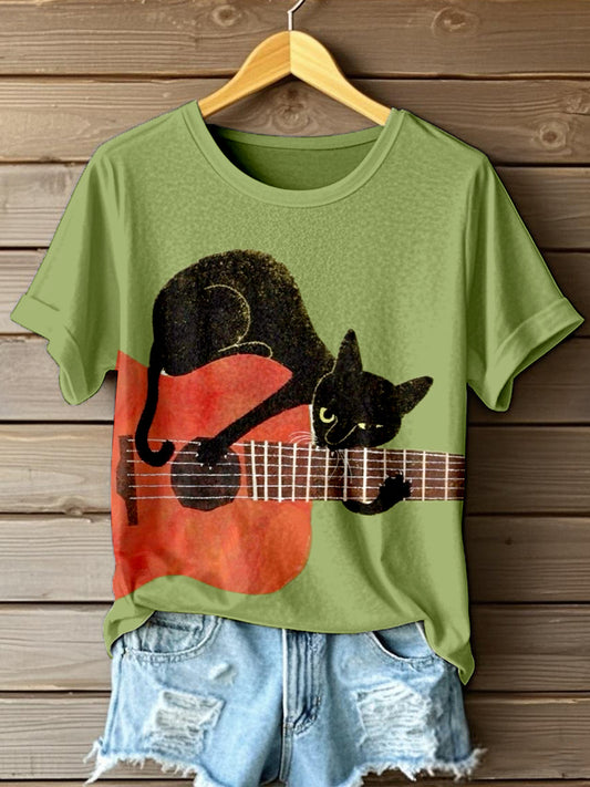 Women's Cat and Guitar Print Vintage T-Shirt