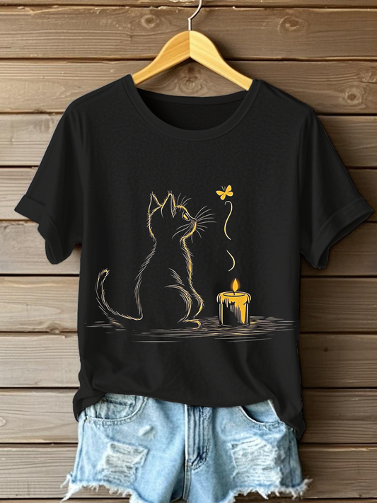 Women's Cat Art Print Casual T-Shirt