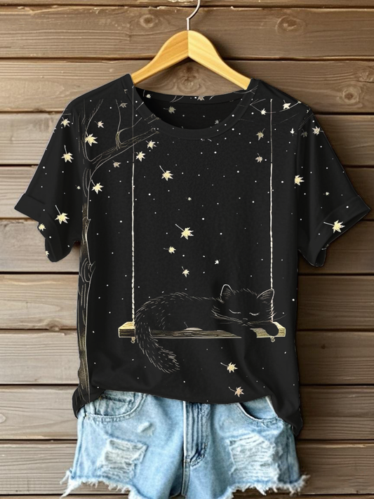 Women's Cat Art Print Casual T-Shirt