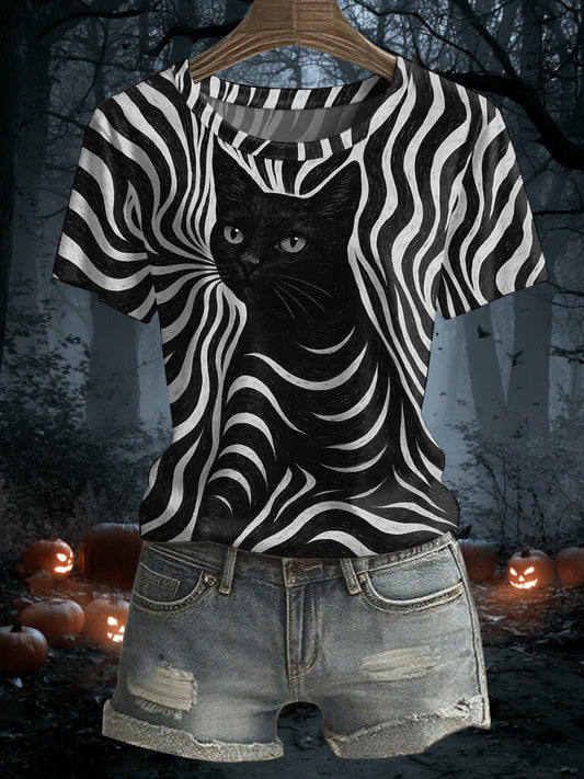 Women's Halloween Black Cat Stripes Print Casual Tee