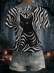 Women's Halloween Black Cat Stripes Print Casual Tee