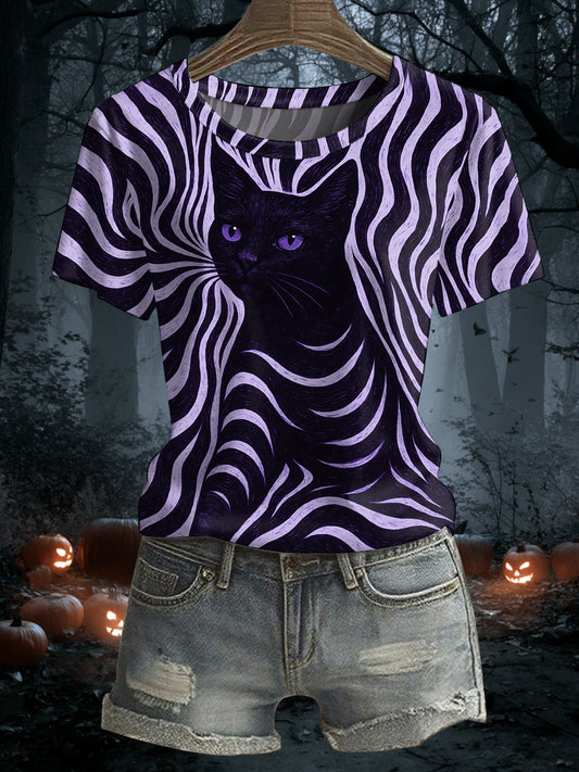 Women's Halloween Black Cat Stripes Print Casual Tee