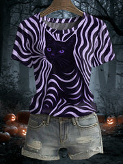 Women's Halloween Black Cat Stripes Print Casual Tee