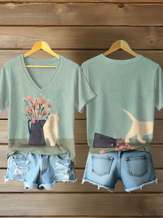 Women's Cat Art Print Casual T-Shirt