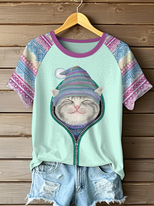 Women's Cat Art Print Casual T-Shirt