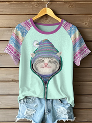 Women's Cat Art Print Casual T-Shirt
