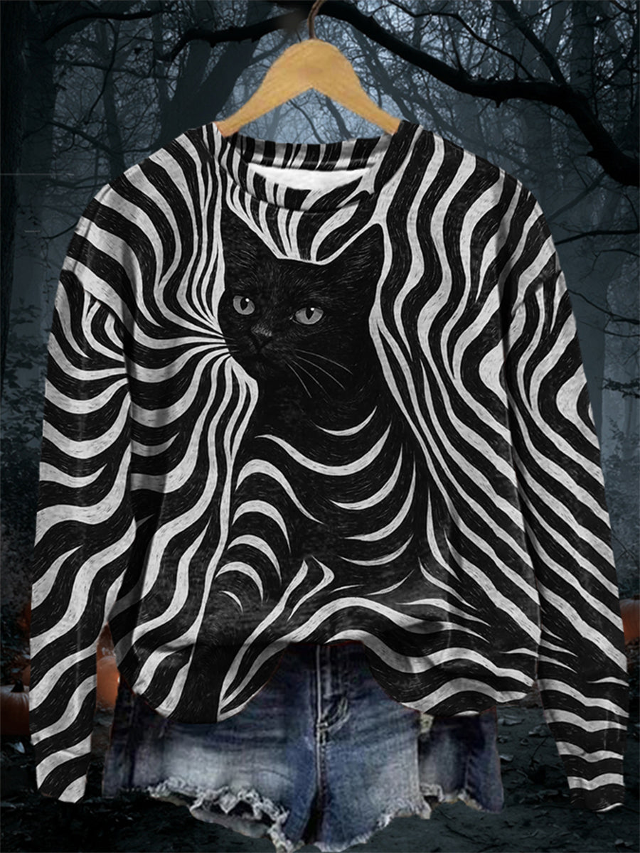 Women's Halloween Black Cat Stripes Print Casual Sweatshirt