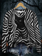 Women's Halloween Black Cat Stripes Print Casual Sweatshirt