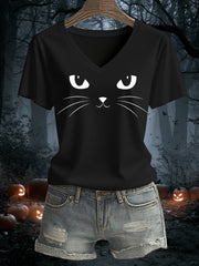 Women's Cat Print Casual V-Neck Tee