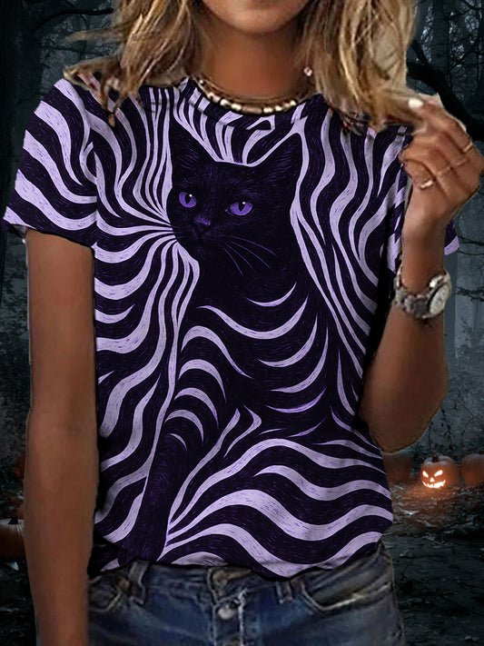 Women's Halloween Black Cat Stripes Print Casual Tee