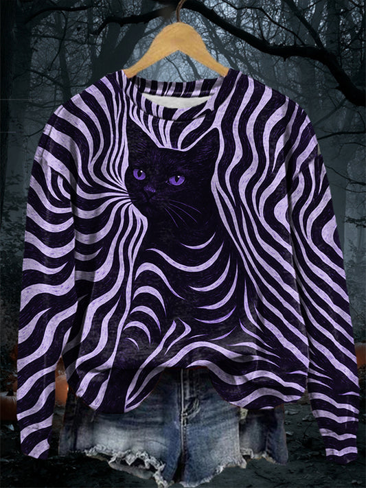 Women's Halloween Black Cat Stripes Print Casual Sweatshirt