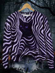 Women's Halloween Black Cat Stripes Print Casual Sweatshirt