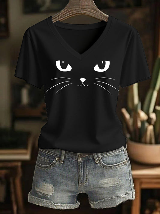 Women's Cat Print Casual V-Neck Tee