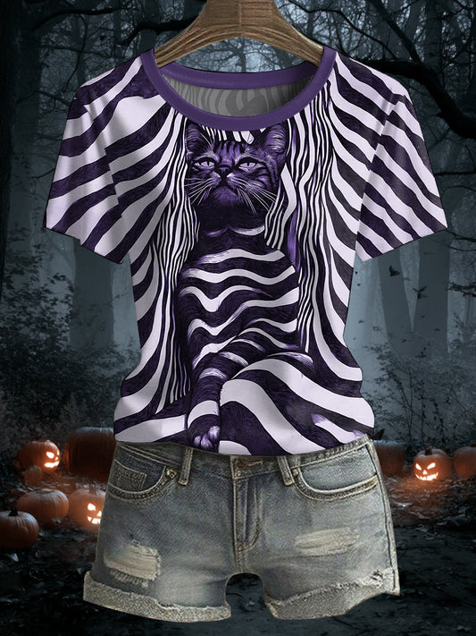 Women's Halloween Black Cat Stripes Print Casual Tee