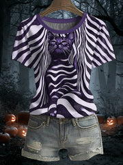 Women's Halloween Black Cat Stripes Print Casual Tee