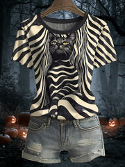 Women's Halloween Black Cat Stripes Print Casual Tee