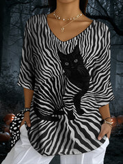 Women's Black Cat Stripes Print Casual Half-Sleeve Top