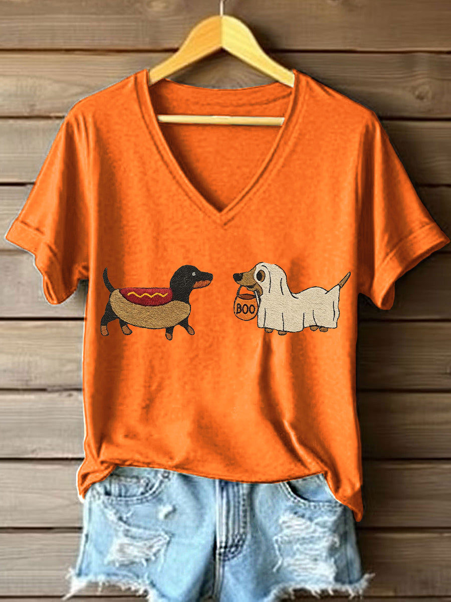 Women's Halloween Dachshund Embroidered V-Neck T-Shirt