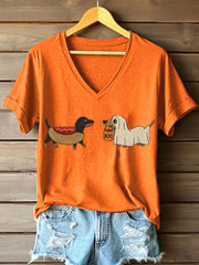 Women's Halloween Dachshund Embroidered V-Neck T-Shirt