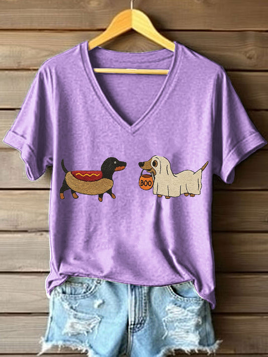 Women's Halloween Dachshund Embroidered V-Neck T-Shirt
