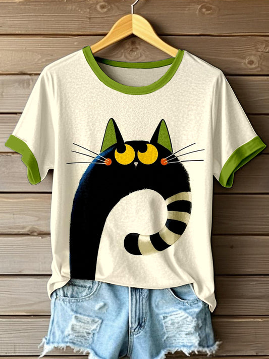Women's Funny Cat Art Print T-shirt