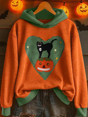 Women's Black Cat and Pumpkin Patchwork Art Hoodie