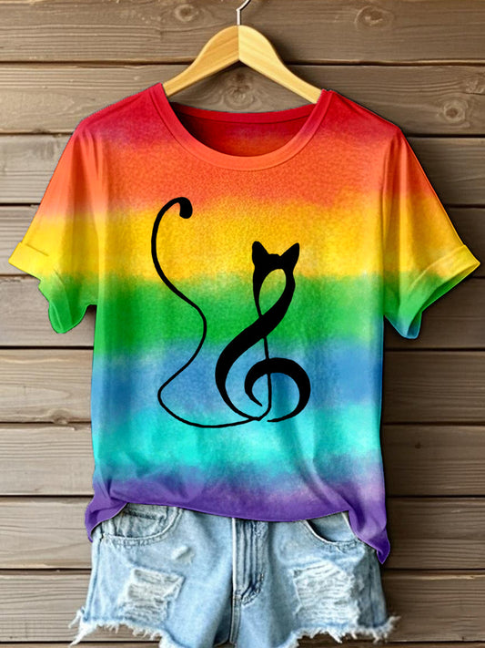 Women's Music Note Cat Print Rainbow Color T-shirt