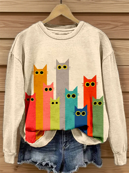 Women's Colorful Cat Art Print Sweatshirt