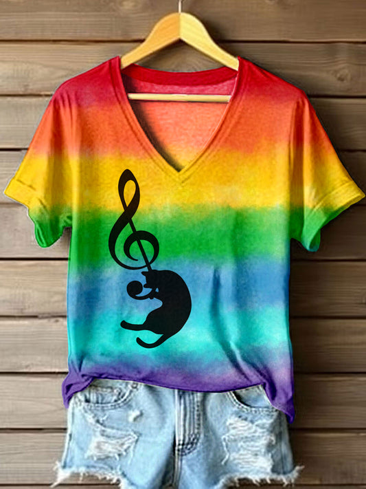 Women's Music Note Cat Print Rainbow Color T-shirt