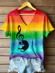 Women's Music Note Cat Print Rainbow Color T-shirt