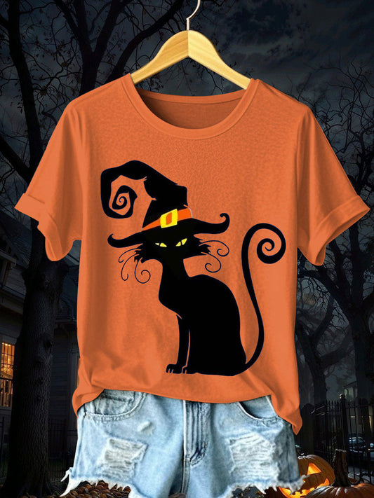 Women's Halloween Black Cat Short Sleeve T-Shirt