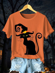 Women's Halloween Black Cat Short Sleeve T-Shirt
