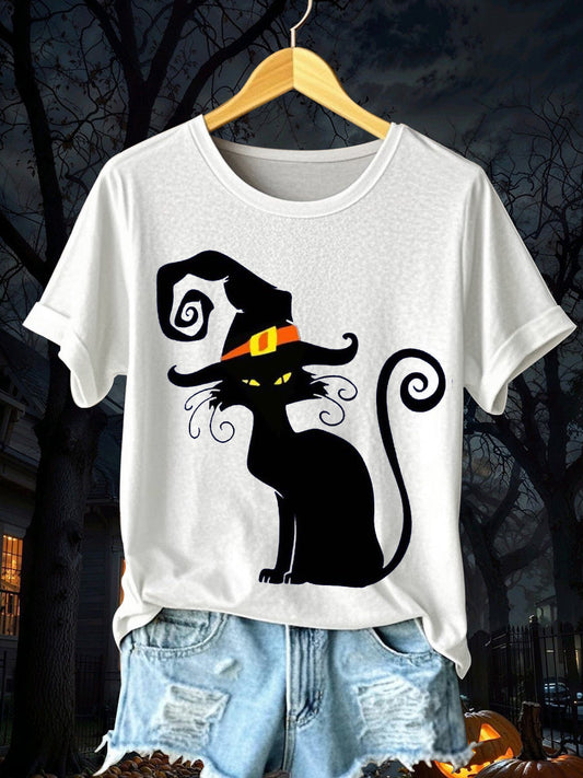 Women's Halloween Black Cat Short Sleeve T-Shirt