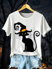 Women's Halloween Black Cat Short Sleeve T-Shirt