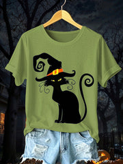 Women's Halloween Black Cat Short Sleeve T-Shirt
