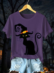 Women's Halloween Black Cat Short Sleeve T-Shirt