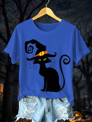 Women's Halloween Black Cat Short Sleeve T-Shirt