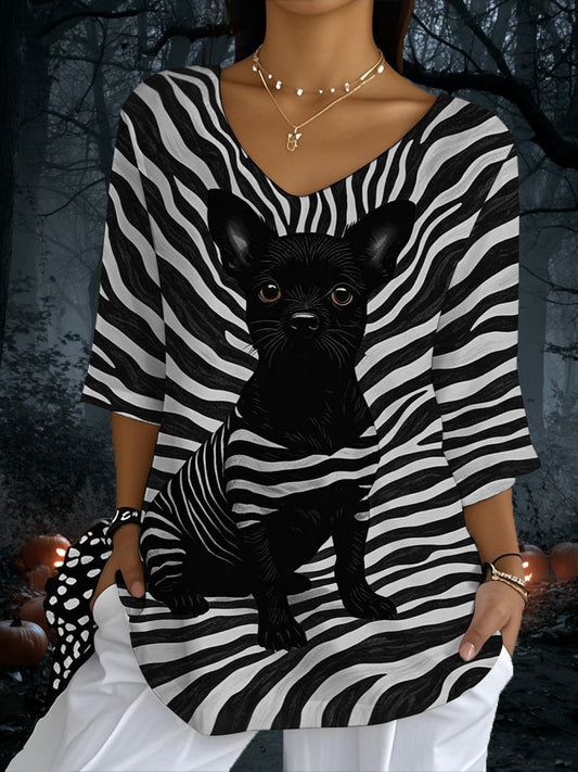 Women's Black Dog Stripes Print Casual Half-Sleeve Top