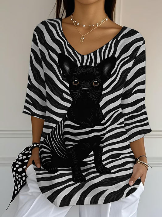 Women's Black Dog Stripes Print Casual Half-Sleeve Top