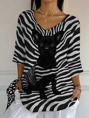 Women's Black Dog Stripes Print Casual Half-Sleeve Top