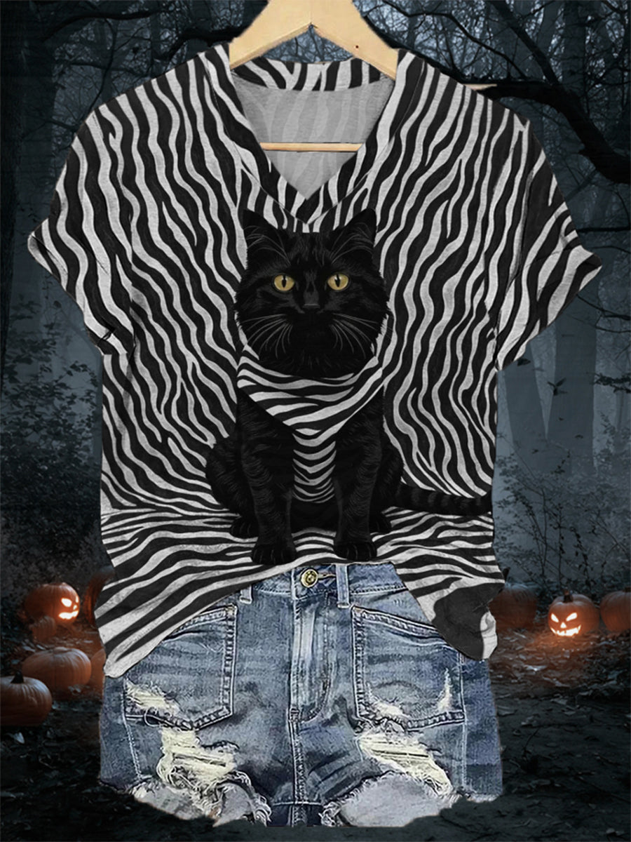 Women's Black Cat Stripes Print Casual V-Neck Tee