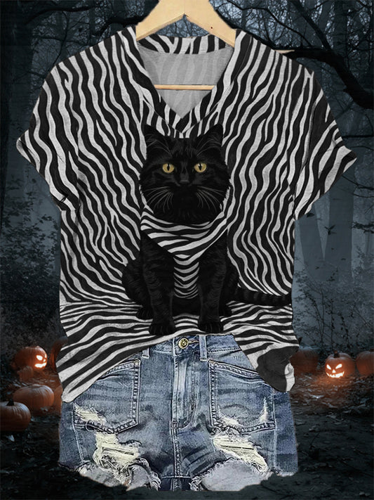 Women's Black Cat Stripes Print Casual V-Neck Tee