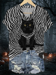 Women's Black Cat Stripes Print Casual V-Neck Tee