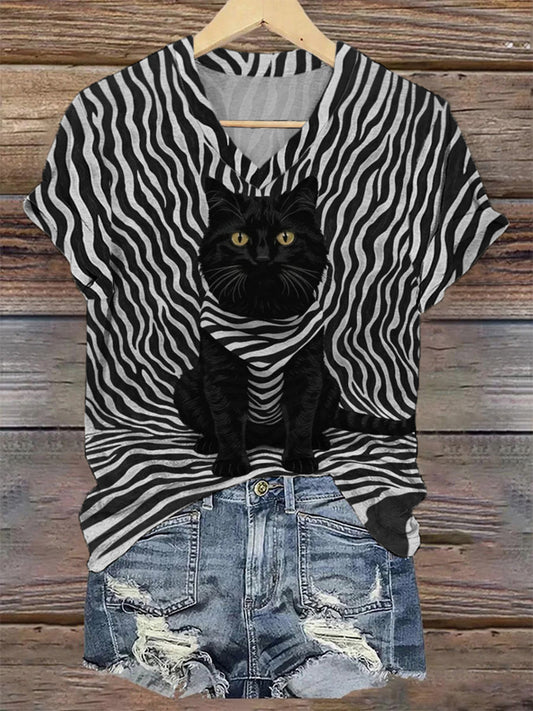 Women's Black Cat Stripes Print Casual V-Neck Tee