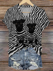 Women's Black Dog Stripes Print Casual V-Neck Tee