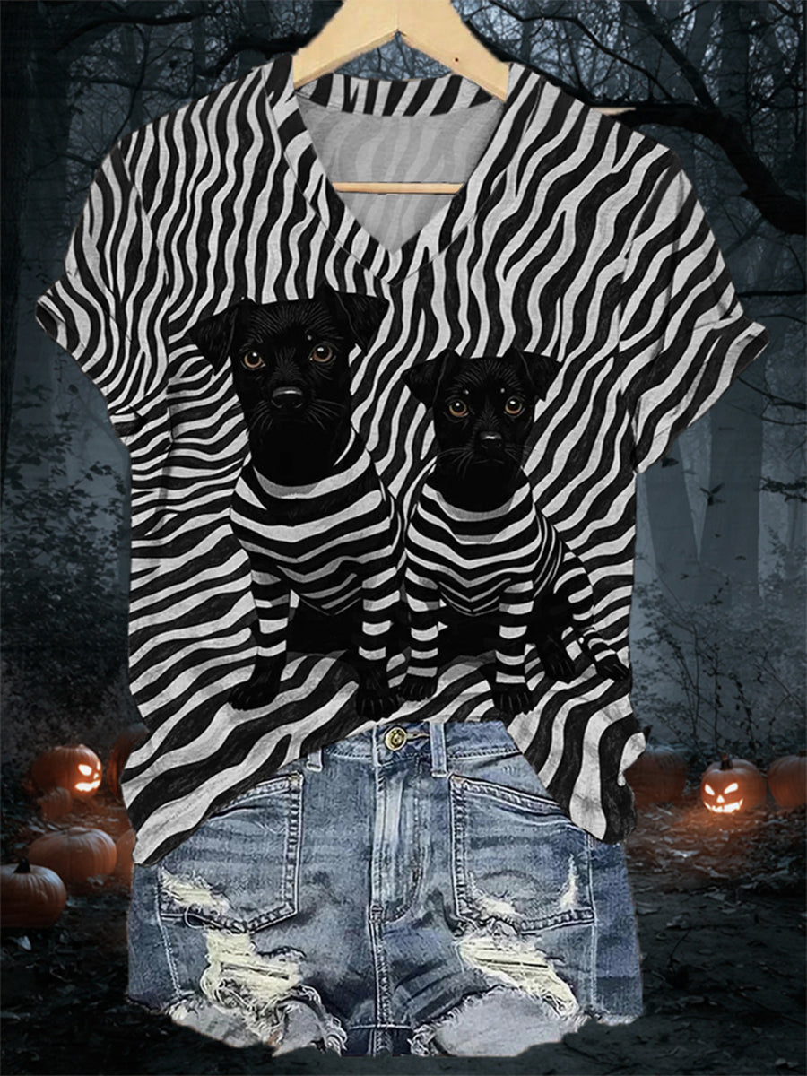 Women's Black Dog Stripes Print Casual V-Neck Tee